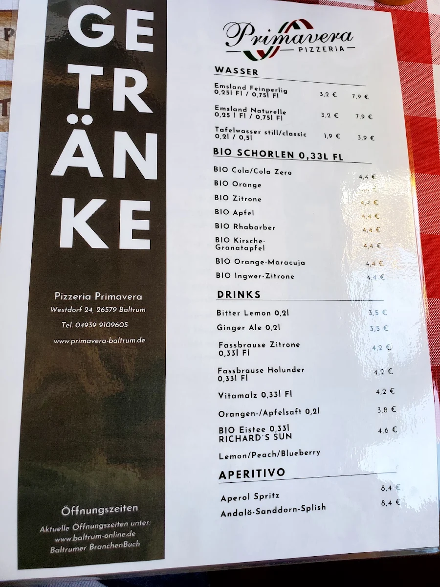 Speisekarte, Pizzeria Primavera