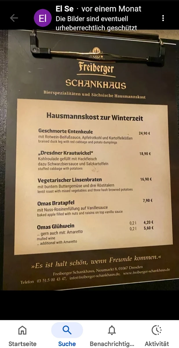 Speisekarte, Freiberger Schankhaus