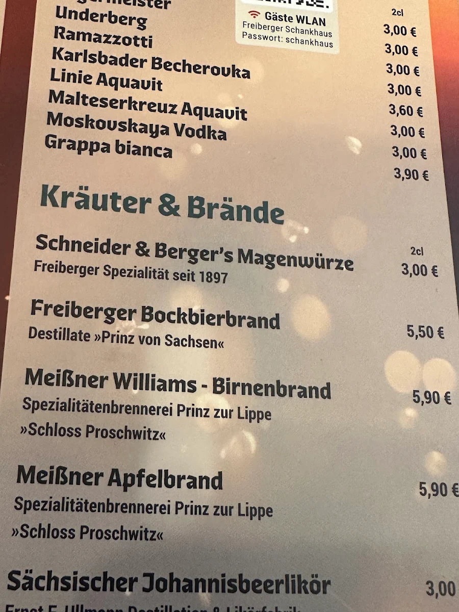 Speisekarte, Freiberger Schankhaus