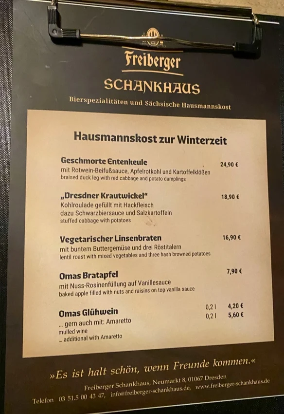 Speisekarte, Freiberger Schankhaus