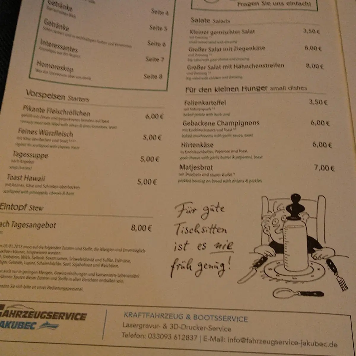 Speisekarte, Gasthaus Zur Linde