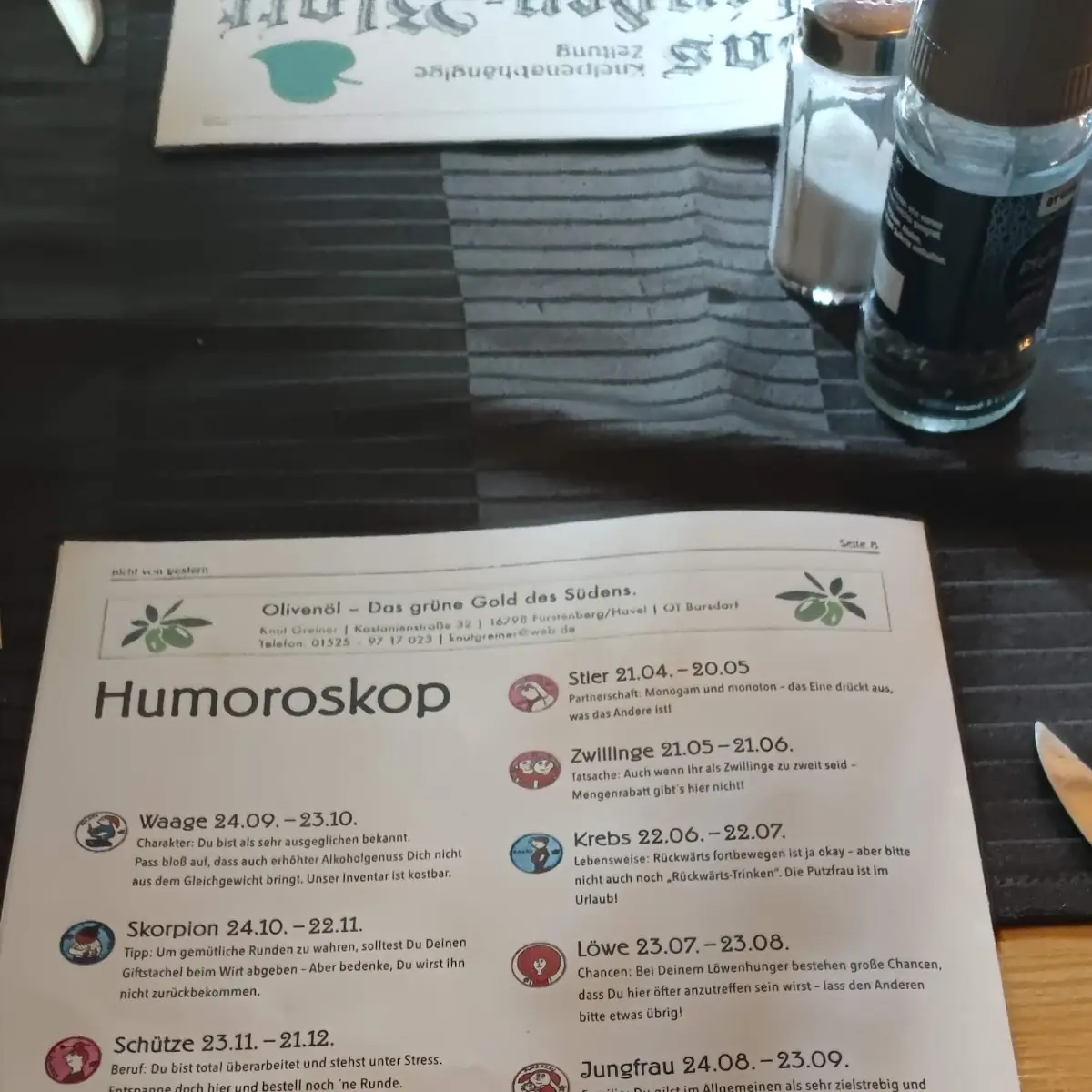 Speisekarte, Gasthaus Zur Linde