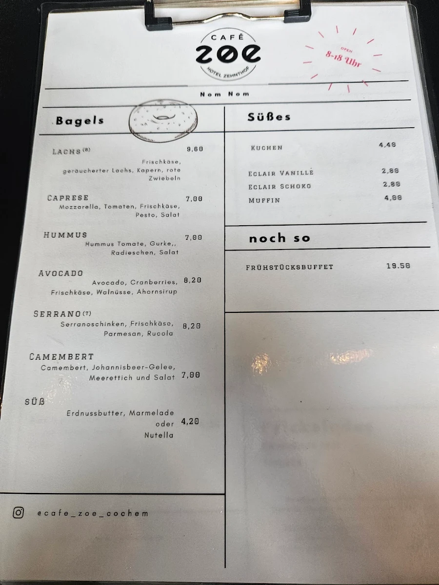 Speisekarte, Café Zoe