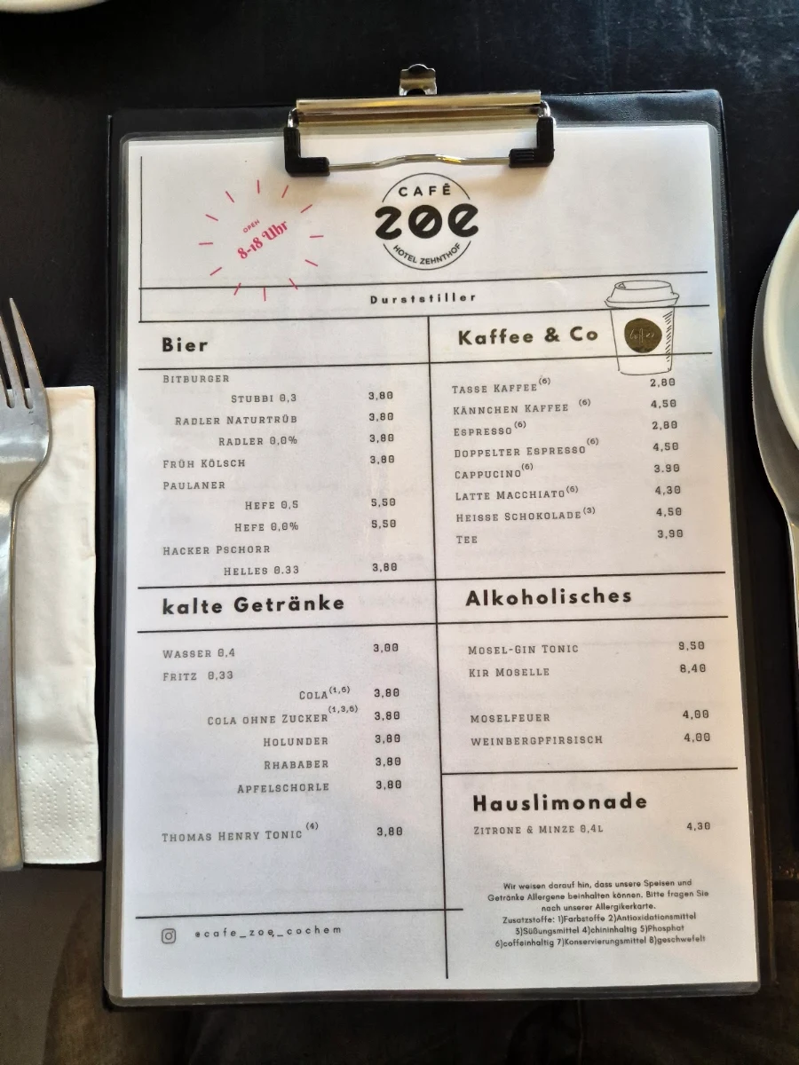 Speisekarte, Café Zoe