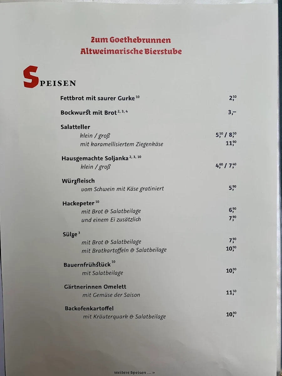 Speisekarte, Zum Goethebrunnen