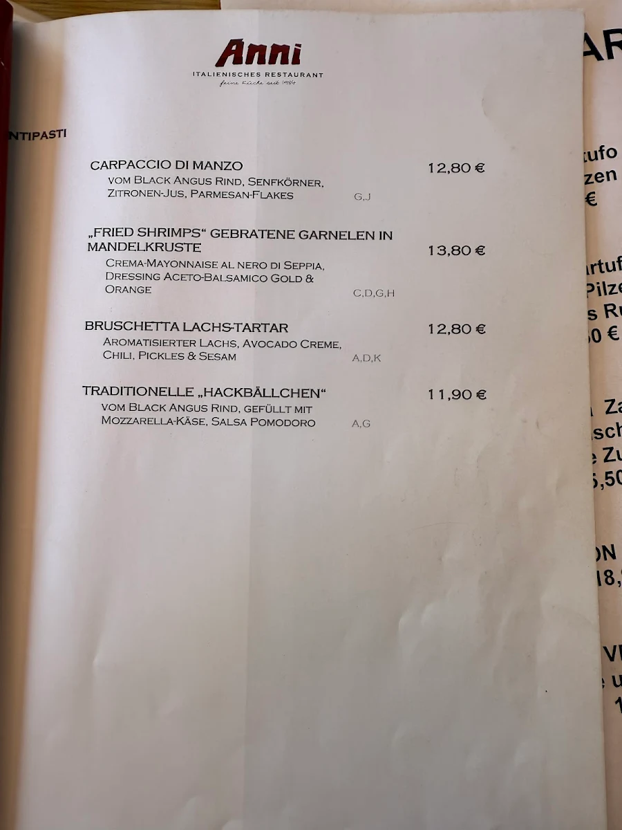 Speisekarte, Restaurant Anni