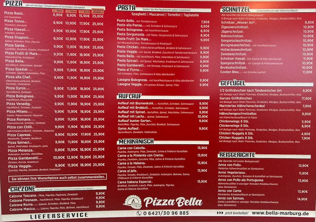 Speisekarte, Pizza Bella