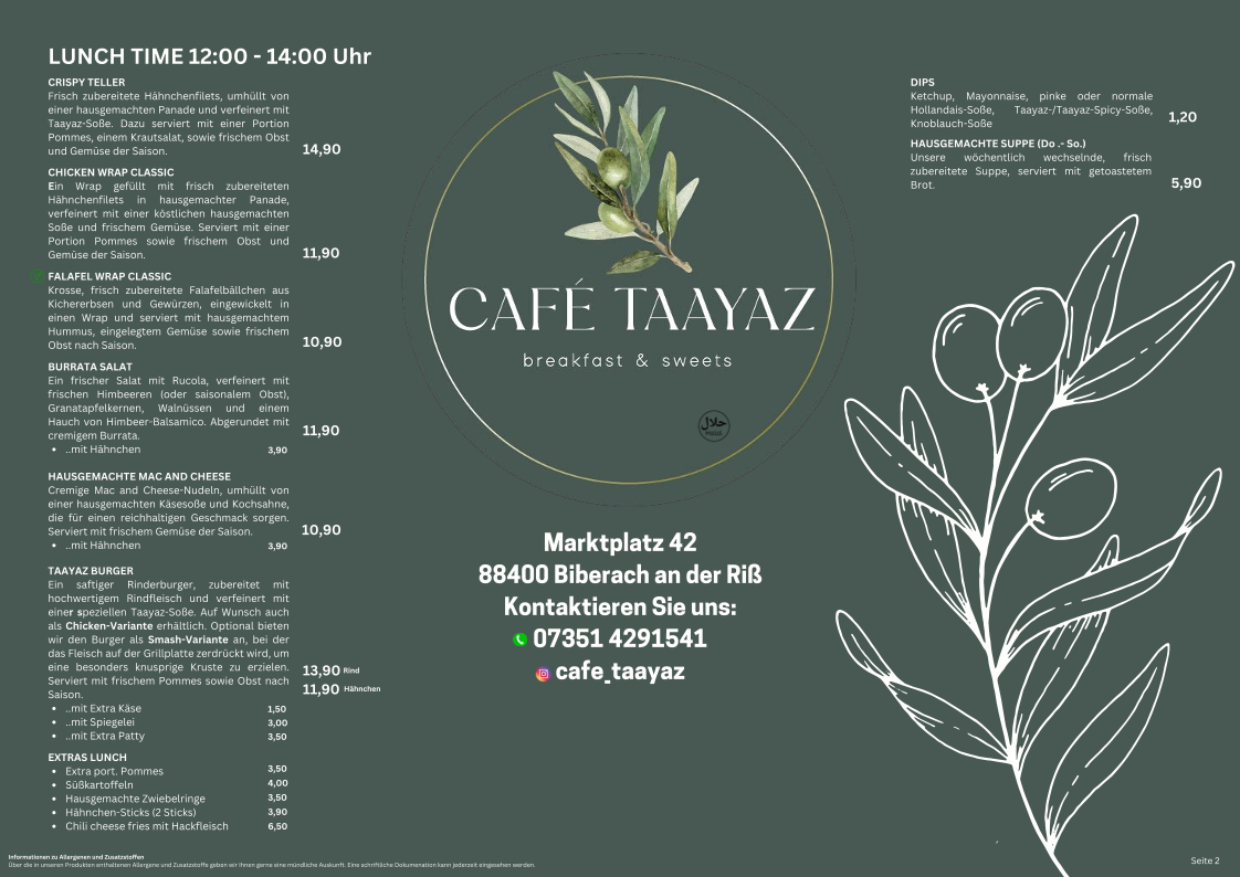 Speisekarte, Café Taayaz