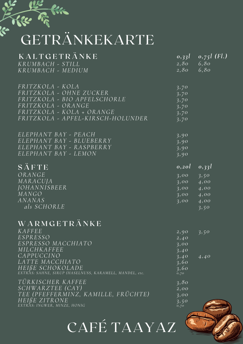 Speisekarte, Café Taayaz