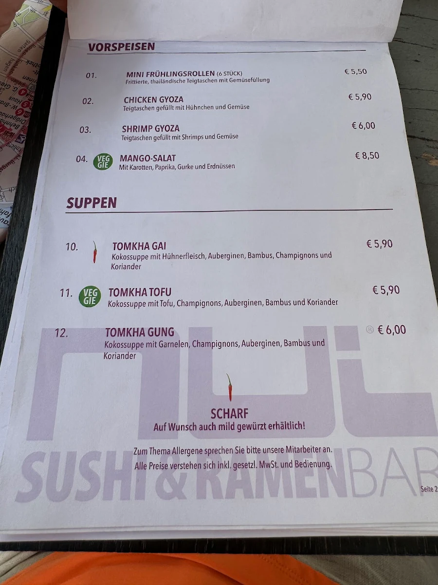 Speisekarte, Nui Sushi und Ramenbar