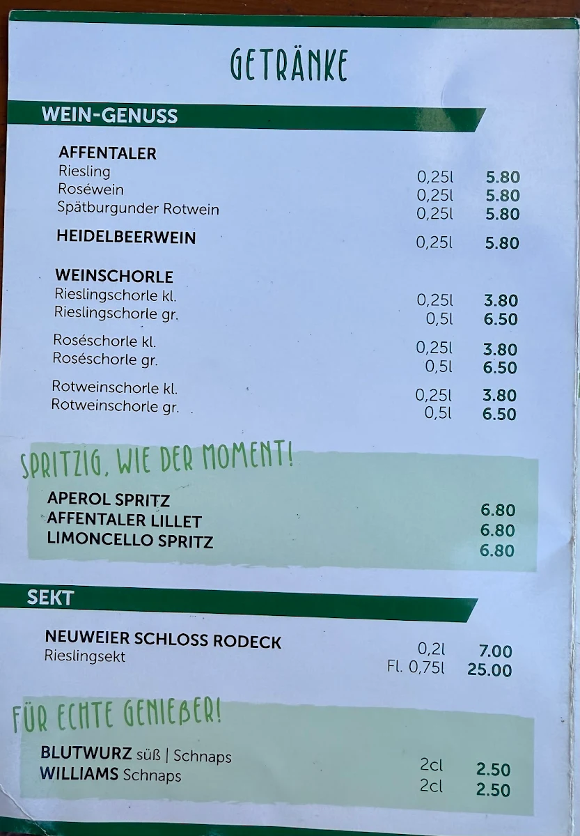 Speisekarte, Waldgasthaus Kohlbergwiese