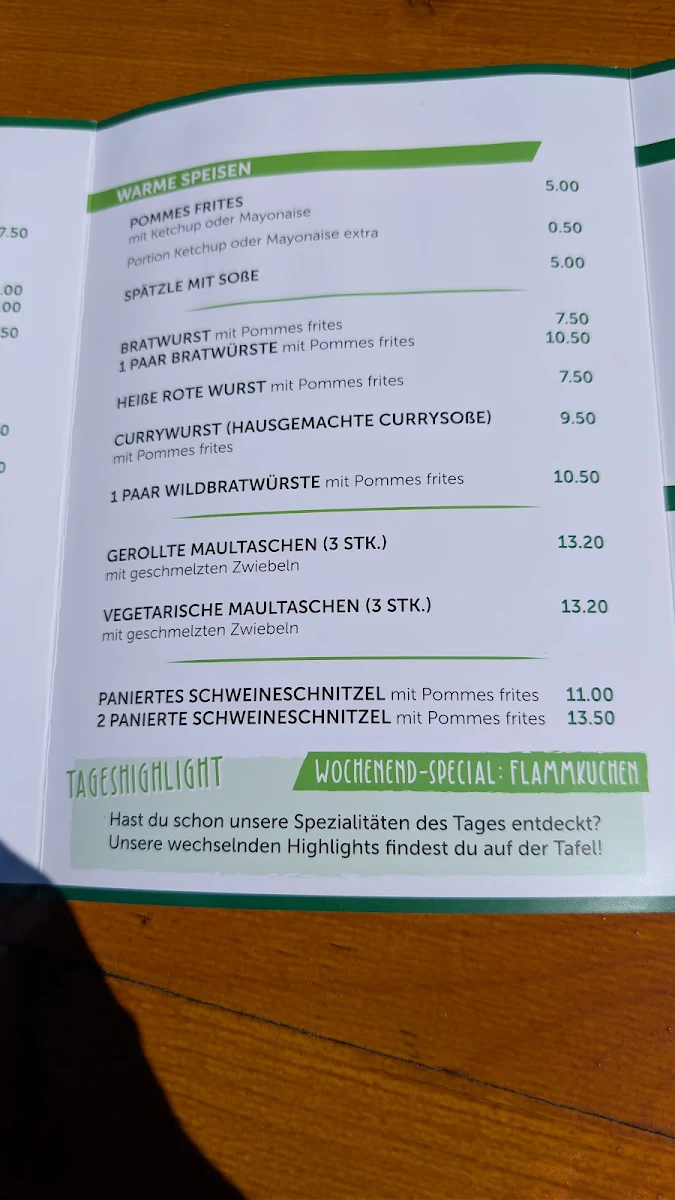 Speisekarte, Waldgasthaus Kohlbergwiese