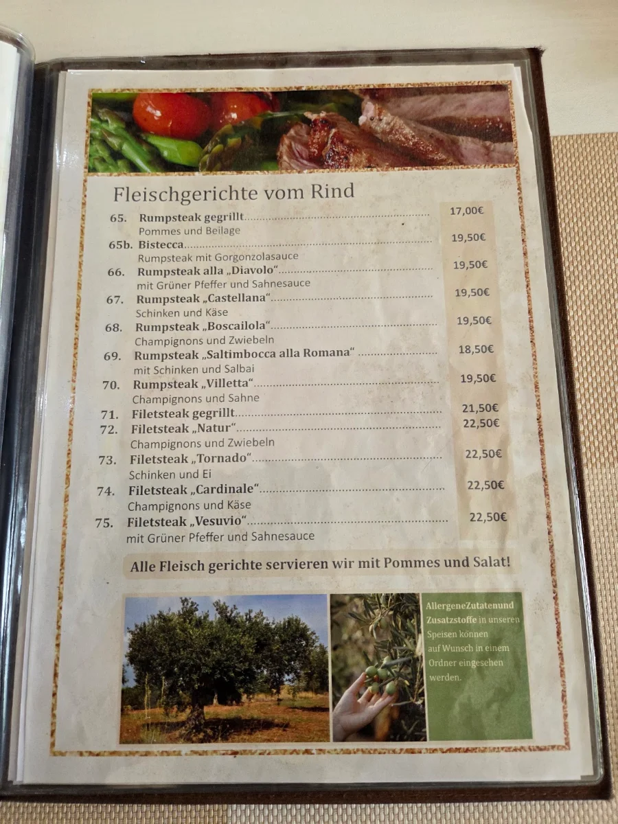 Speisekarte, Pizzeria La Villetta
