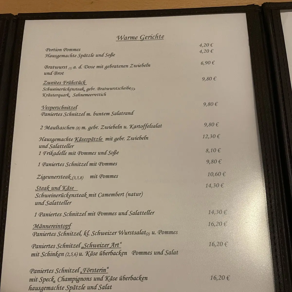 Speisekarte, Gasthaus Zur Flamme