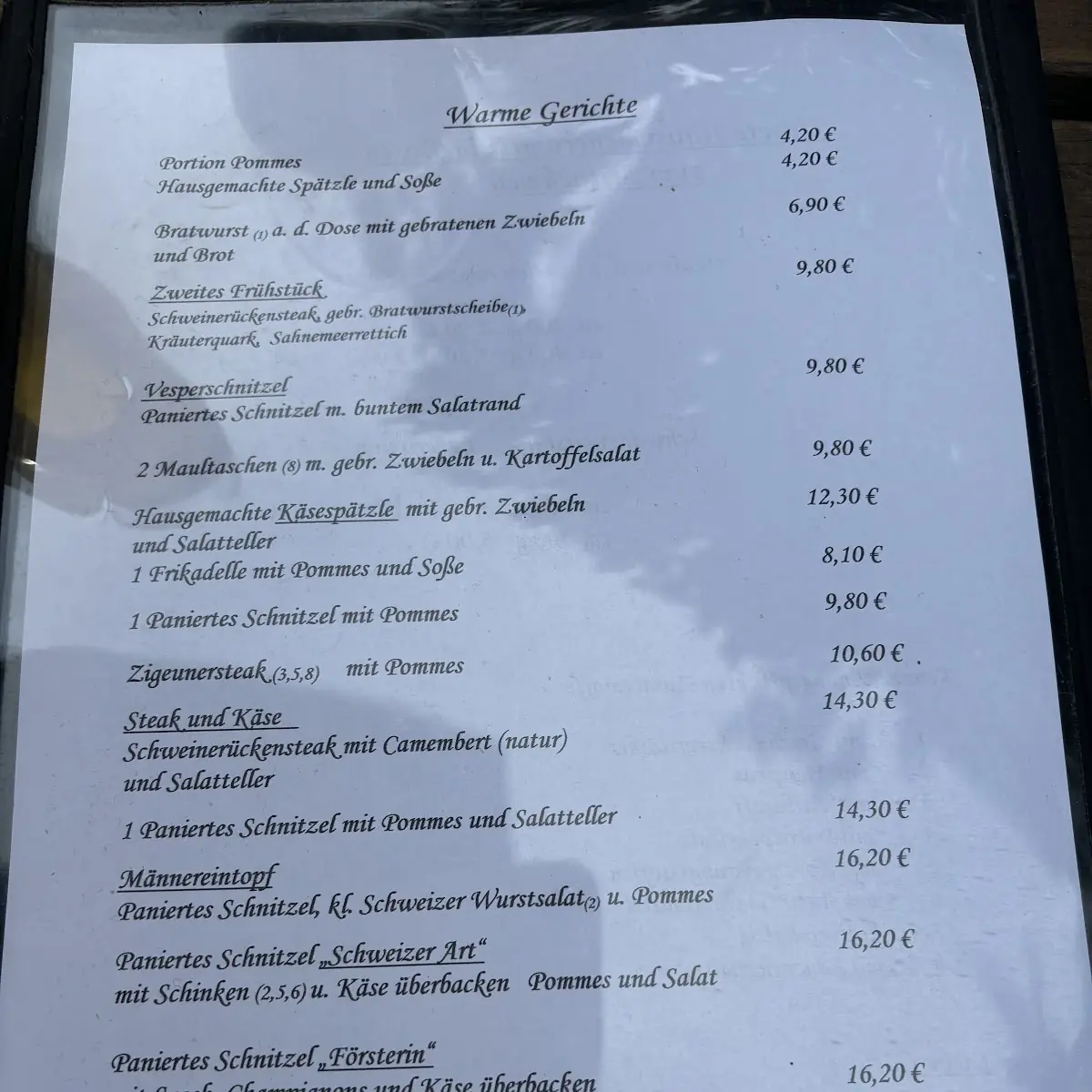 Speisekarte, Gasthaus Zur Flamme