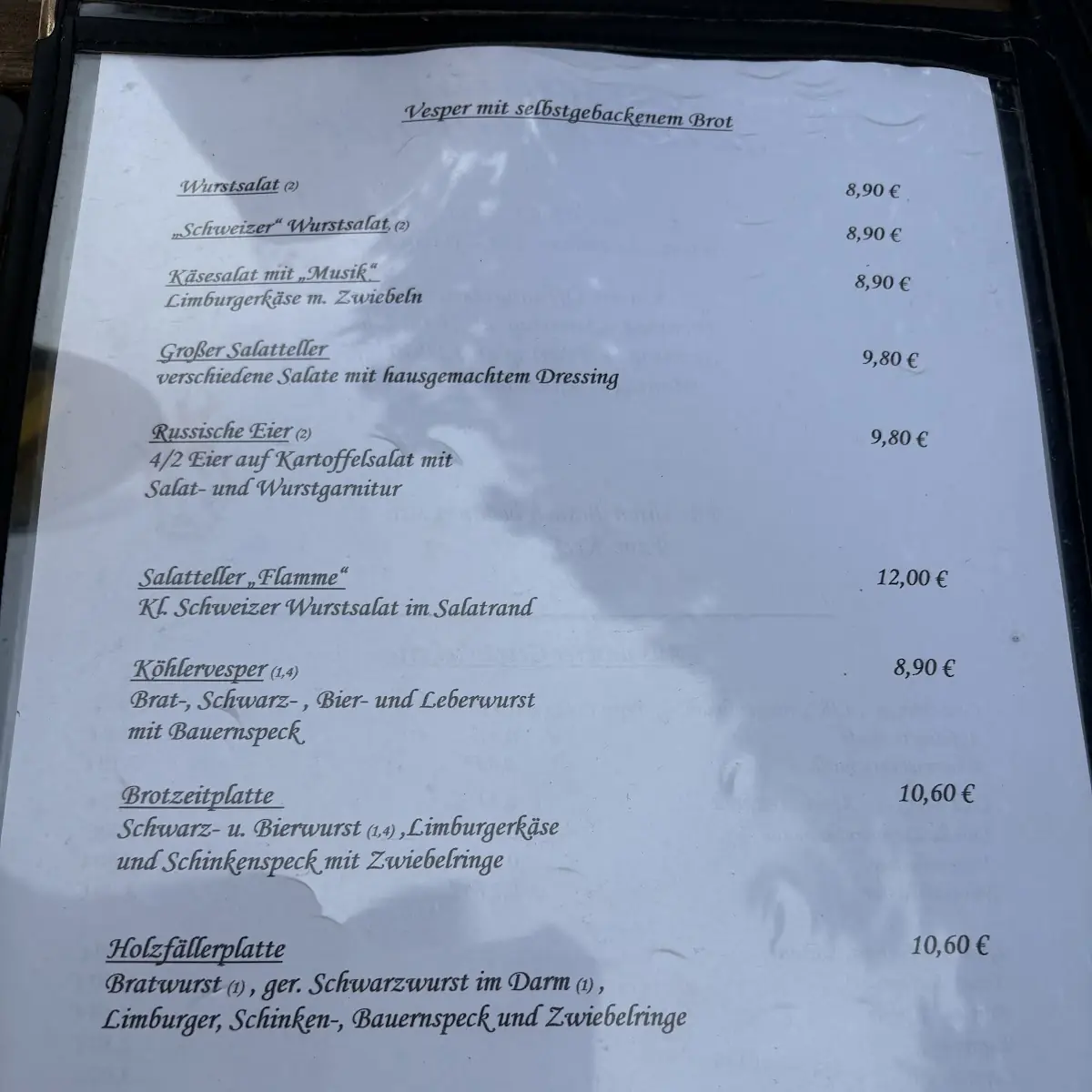 Speisekarte, Gasthaus Zur Flamme