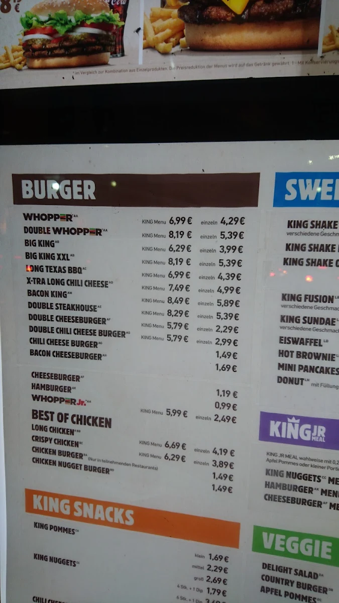 Speisekarte, Burger King Berlin