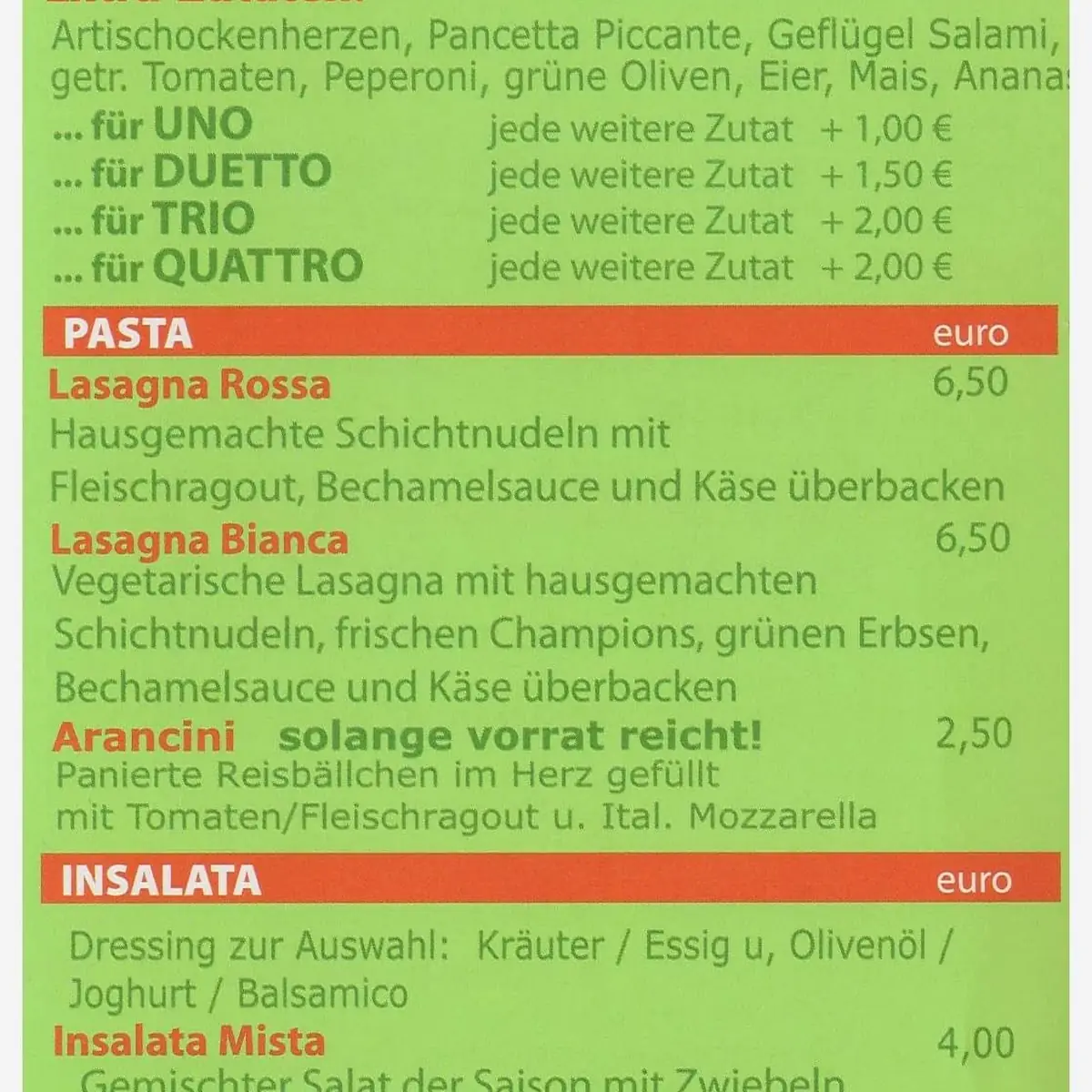 Speisekarte, Pezzi Pizza