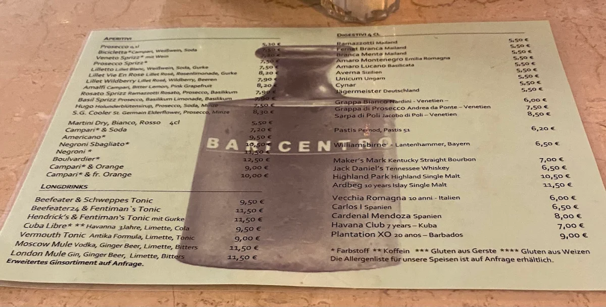Speisekarte, Bar-i-Centro