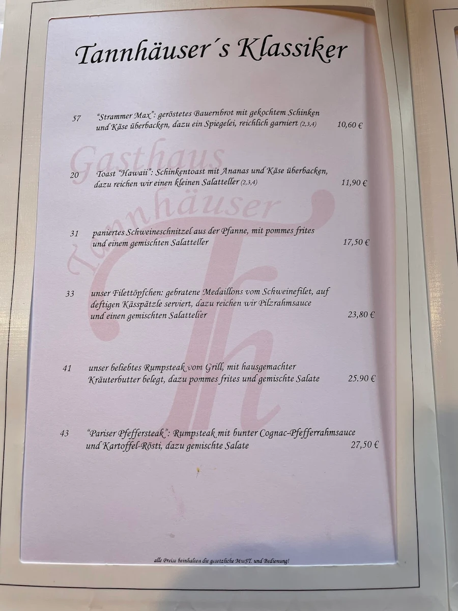 Speisekarte, Gasthaus zum Tannhäuser