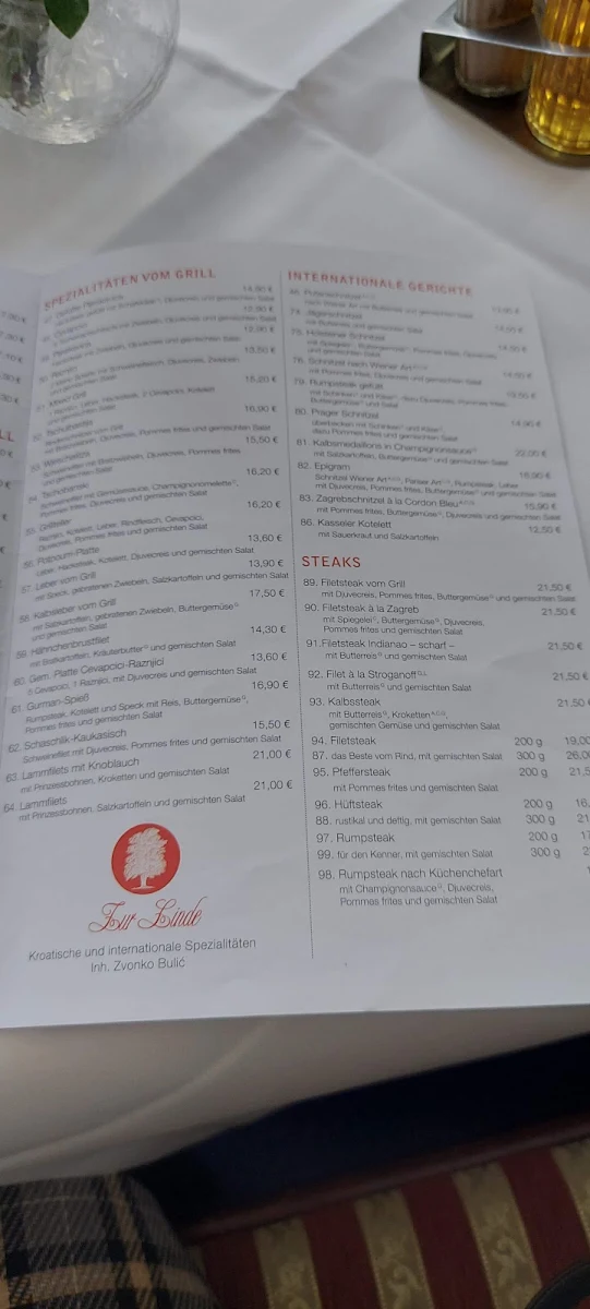 Speisekarte, Zur Linde