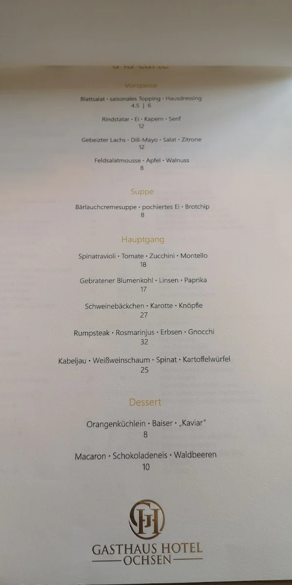 Speisekarte, Gasthaus Hotel Ochsen - Steinen