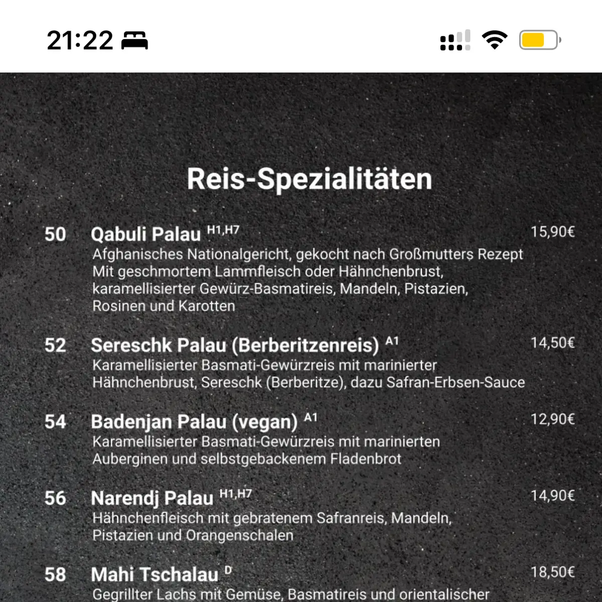 Speisekarte, Restaurant Maza