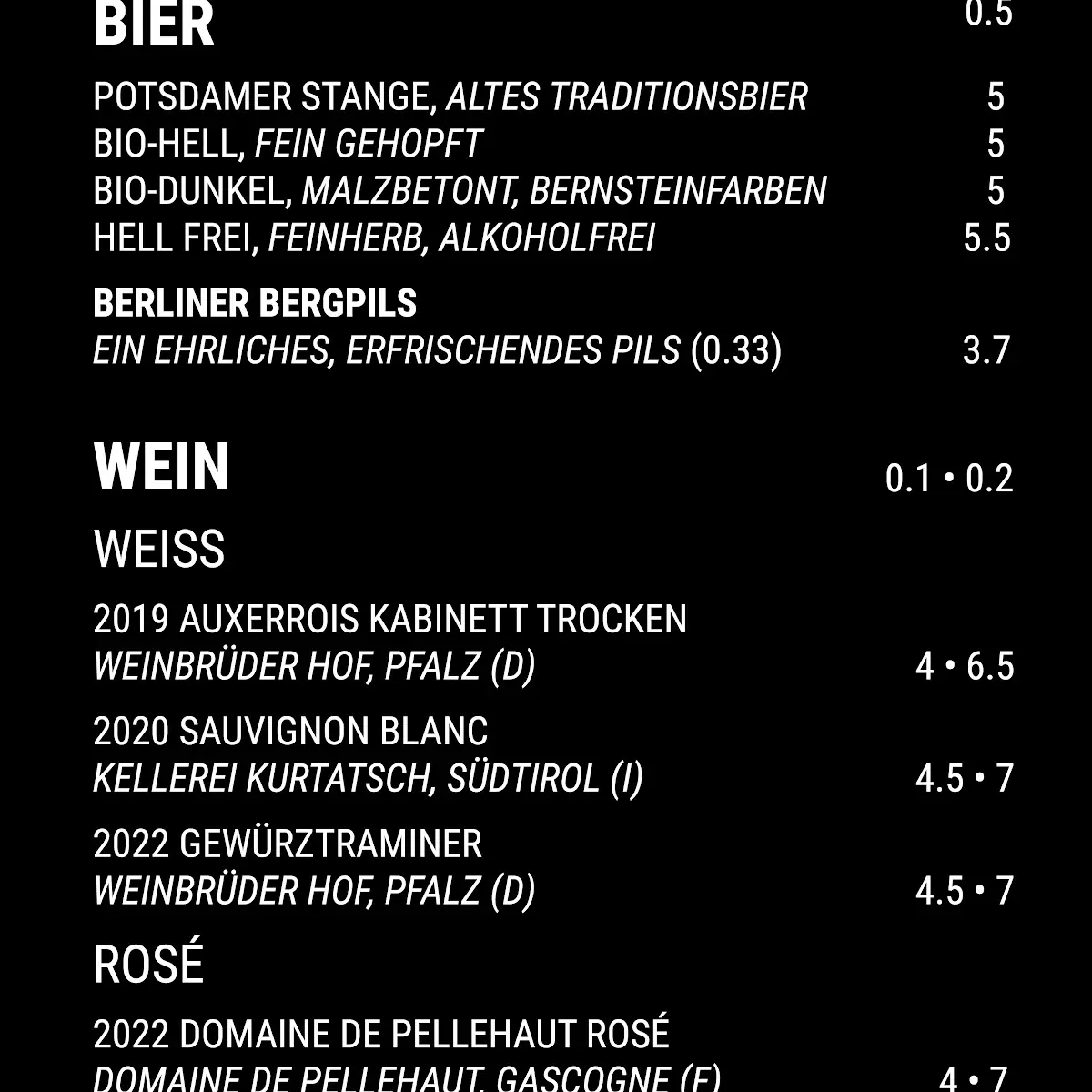 Speisekarte, Lewy Babelsberg
