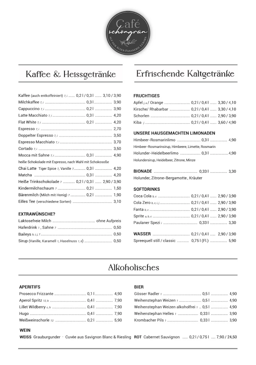 Speisekarte, Café schöngrün