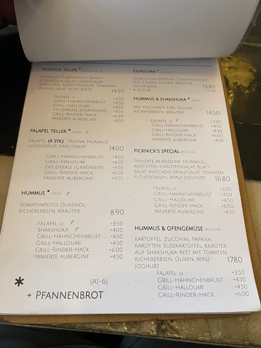 Speisekarte, Picknick Café City