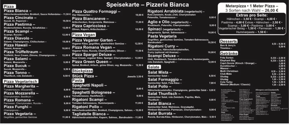 Speisekarte, Pizzeria Bianca