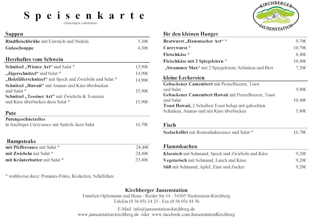 Speisekarte, Jausenstation Kirchberg
