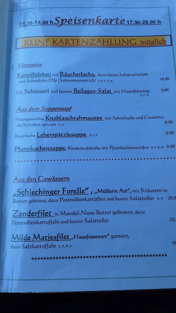 Speisekarte, Gaststätte Geigelstein