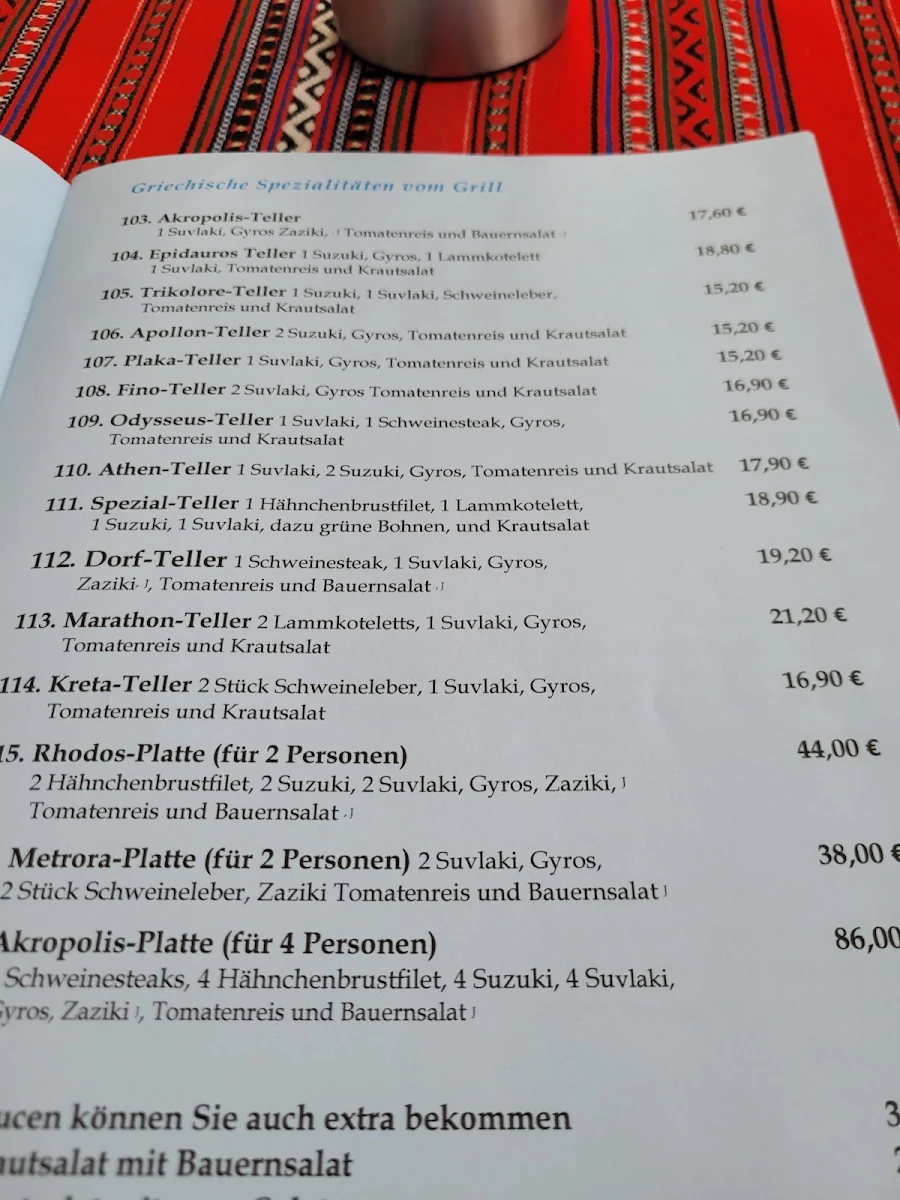 Speisekarte, Akropolis Griechisches Restaurant