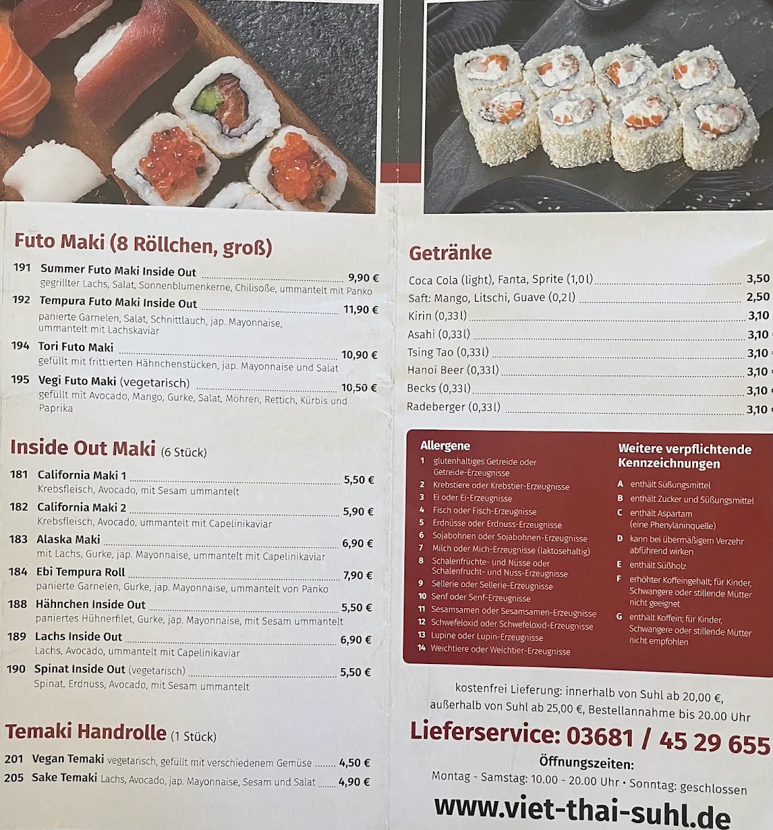 Speisekarte, Asiatische Spezialitäten & Sushi Bar Viet Thai