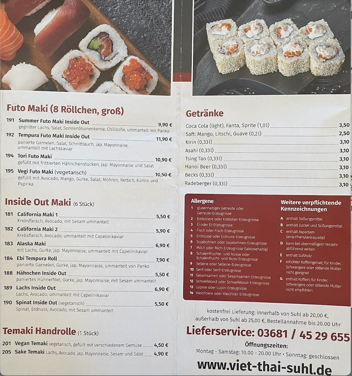 Speisekarte, Asiatische Spezialitäten & Sushi Bar Viet Thai