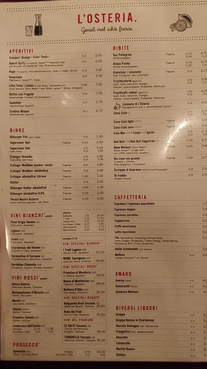Speisekarte, L'Osteria Erlangen