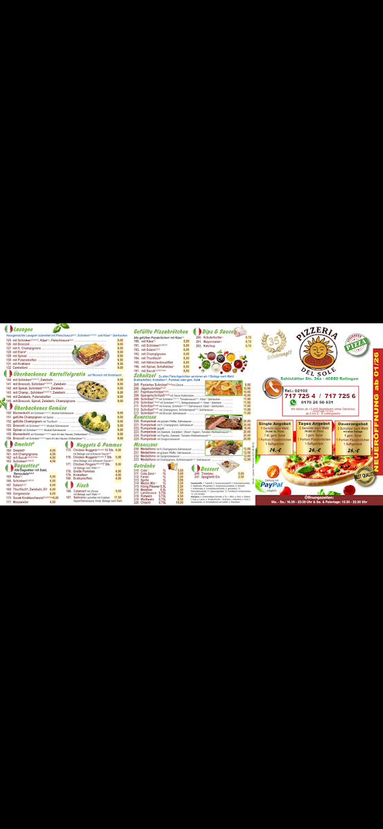 Speisekarte, Pizzeria Del Sole