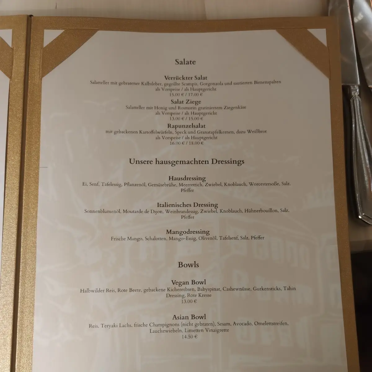 Speisekarte, Restaurant im Schloss Burgellern