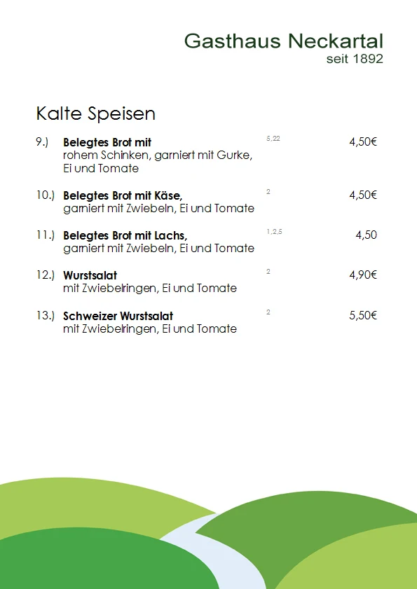 Speisekarte, Gaststätte Neckartal