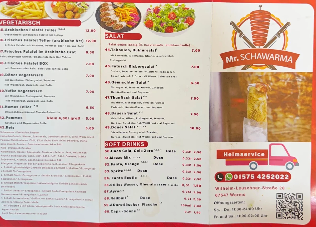 Speisekarte, Mr. Schawarma WORMS مستر شاورما
