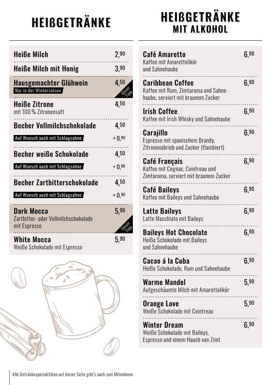 Speisekarte, Stadtcafe Kassel