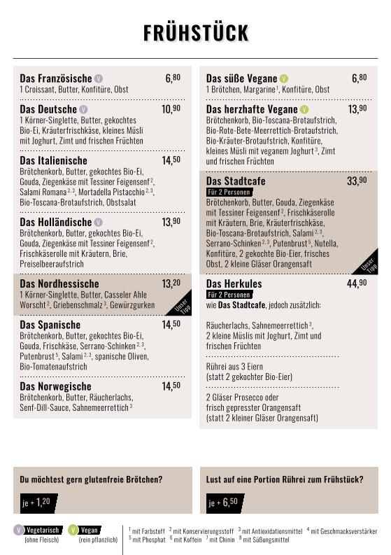 Speisekarte, Stadtcafe Kassel