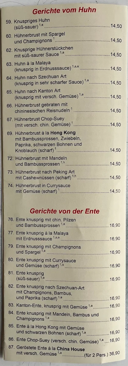 Speisekarte, China House