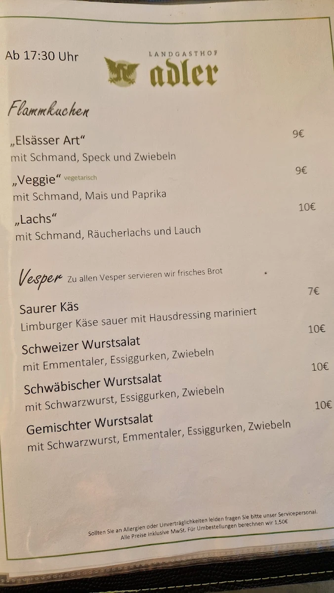 Speisekarte, Landgasthof Adler