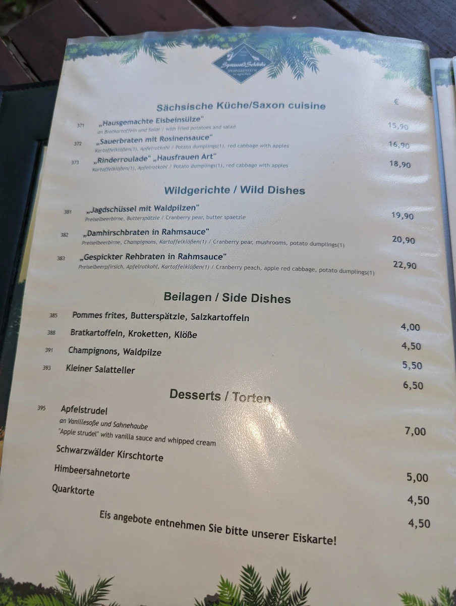 Speisekarte, Restaurant Spreewaldschänke Leipzig / Markkleeberg