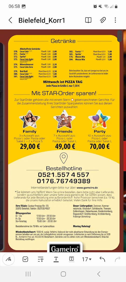 Speisekarte, Gameiro Pizza Service Hille