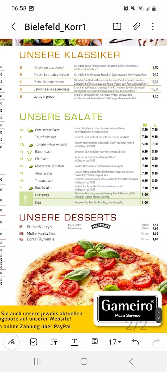 Speisekarte, Gameiro Pizza Service Hille