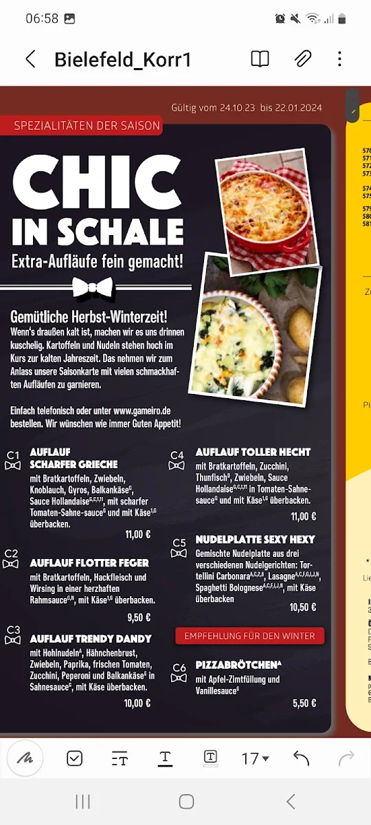 Speisekarte, Gameiro Pizza Service Hille