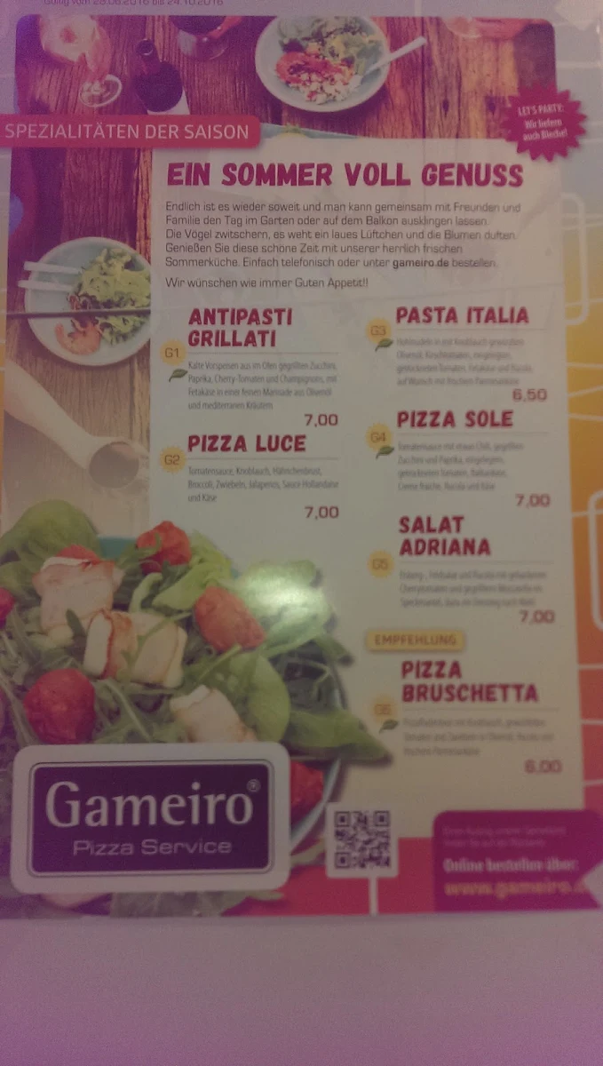 Speisekarte, Gameiro Pizza Service Hille